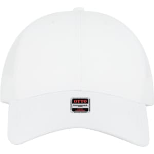 A white low profile trucker cap featuring a logo on the front. The design is simple and sleek.