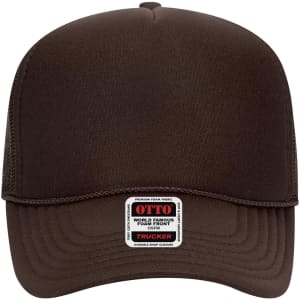 A brown 5 panel mid profile trucker cap featuring a foam front and mesh back, with a logo label on the front.