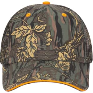 A camo-patterned low profile trucker cap in greens and browns with an orange accent, featuring a logo.