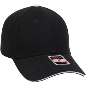 A black six-panel low profile baseball cap with a white accent and a logo on the front.
