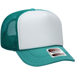 A high crown trucker cap in teal and white, featuring a mesh back and a front panel for branding.