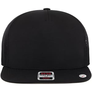 A black 5 Panel Pro Style Trucker Cap featuring a flat brim and mesh side panels, with a logo on the front.