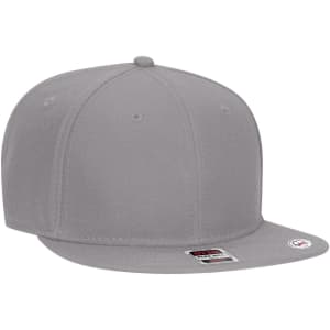 A grey mid-profile snapback cap with a flat brim and a logo. The underside of the brim is grey.