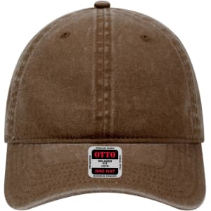 A brown 6 panel low profile dad cap with a curved brim and a logo on the front.