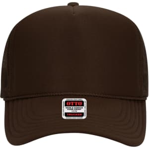 A brown 5 Panel High Crown Trucker Cap with a mesh back and a logo label on the front.