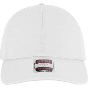 A white 6-panel low profile dad cap with a branded label on the front.