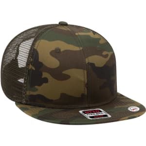 A camouflage 6-panel mid-profile trucker cap with a mesh back and a logo on the side.