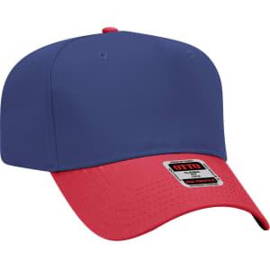 A 5 panel mid crown baseball cap featuring a navy blue top and red visor, with a branding logo on the front.
