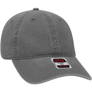 A grey 6-panel low profile dad cap featuring a logo, with a soft, textured fabric.