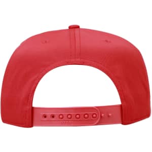 A red 5 panel mid profile baseball cap featuring an adjustable strap and a logo on the back.