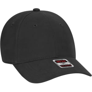 A black 6 panel low profile baseball cap with a logo on the front, featuring stitched ventilation holes.