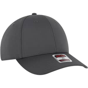 A grey 6-panel low profile baseball cap with a curved brim and an adjustable strap on the back. It features a logo.
