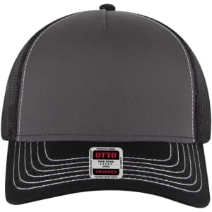 A grey 5 panel low profile trucker cap with contrasting stitching and a branded label on the front.