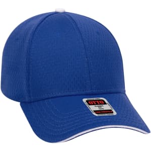 A blue 6 panel low profile baseball cap featuring a logo on the front and a white top button.