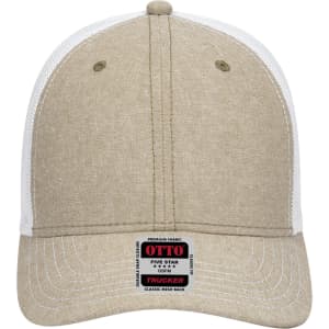 A beige low profile trucker cap with a mesh back and a brand label on the front.