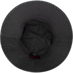 A black bucket hat with a textured pattern, featuring an inner lining and a logo.