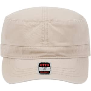 A military-style hat in a beige colour with a branded label on the front.