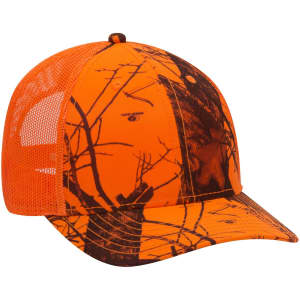 A low profile baseball cap featuring orange camo patterns with a mesh back and a logo.