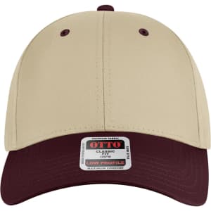 A low-profile baseball cap featuring a beige top and maroon brim, with a logo on the front.