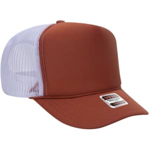 A 5 panel high crown trucker cap in burnt orange with a white mesh back and a logo on the front.