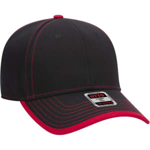 A black and red 6-panel low profile baseball cap with contrasting stitching and a branded tag.