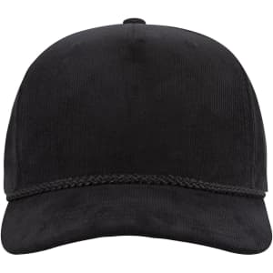 A black 5 panel mid-profile corduroy baseball cap with a braided band and a logo on the front.