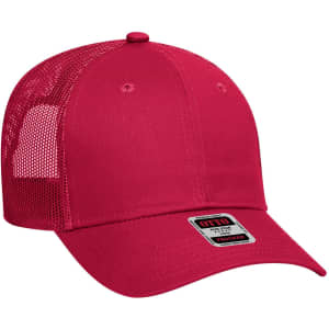 A red 6 panel low profile trucker cap with mesh sides and an adjustable strap at the back.