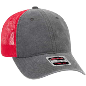 A grey trucker cap with a red mesh back and subtle branding on the front.