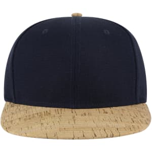 A black and cork snapback cap featuring a mid-profile design and a logo on the front.