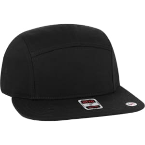 A black 5 panel camper hat with a flat peak and a logo on the front.