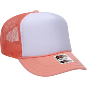 A lightweight trucker cap in coral and white, featuring a high crown and mesh back, with a logo on the front.