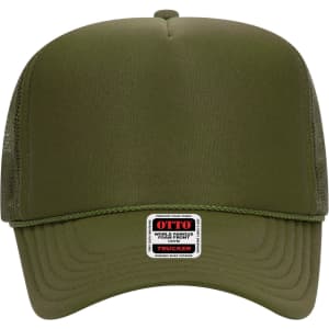 A green 5 panel high crown trucker cap with mesh sides and a branded logo on the front.