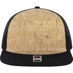 A trucker cap featuring a cork-style front and black mesh panels, complete with a branded label on the underside.