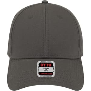 A grey low profile baseball cap featuring a logo on the front. Ideal for headwear collections.