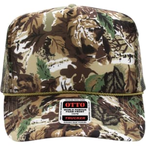 A 5 panel high crown trucker cap in a camouflage pattern featuring a mesh back and a logo on the front.