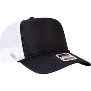 A black trucker hat with a high crown and white air mesh back, featuring a logo on the front.