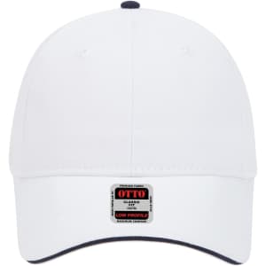 A white low profile baseball cap with a contrasting dark peak and a logo on the front.