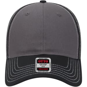 A grey six-panel low profile trucker cap with a black visor and a branded label on the front.