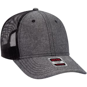 A grey 6 panel low profile trucker cap with a mesh back and a small logo on the front.