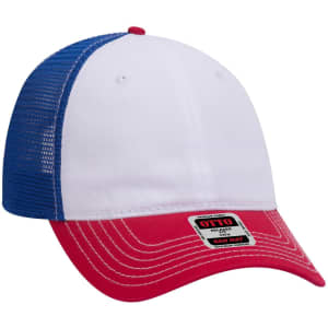A 6-panel low profile trucker dad cap in white, red, and blue with a mesh back and a branded logo.