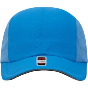 A blue reflective 6-panel running cap with mesh sides and a logo. Features a structured crown and curved peak.