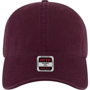 A maroon 6-panel low profile dad cap featuring a front logo and a relaxed fit. Ideal for casual wear.