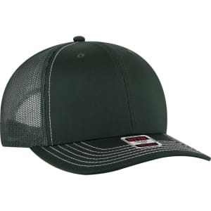 A green 6-panel mid-profile trucker cap with mesh panels and a curved brim. It features a logo on the front.