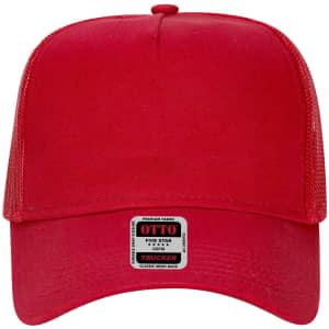 A red 5-panel low profile trucker cap with a mesh back and a label on the front.