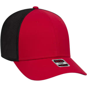 A red and black six-panel low-profile baseball cap with a mesh back and branding on the side.