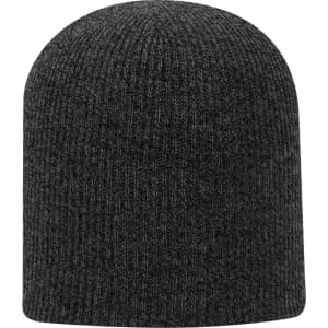 A premium rib knit beanie in dark grey with a fitted design and a logo.