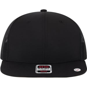 A black mid-profile trucker cap with a flat bill and mesh sides, featuring a logo on the front.