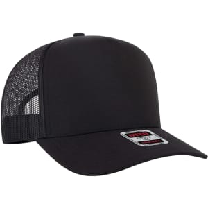 A black 5 panel mid profile trucker cap with a mesh back and a logo on the front.
