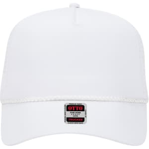 A white 5-panel mid-profile trucker cap featuring a logo on the front and a classic mesh back.