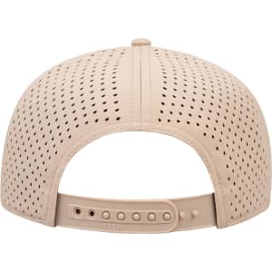 A beige 5 Panel Pro Style Snapback Hat with a perforated design and adjustable strap at the back.